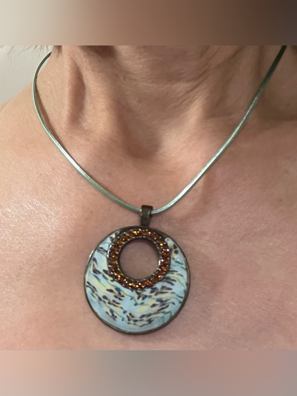 Handcrafted Green Swirl Pendant Necklace with Amber Accent